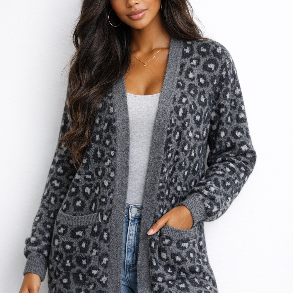 Abercrombie & Fitch Leopard Cardigan Women S Gray Longline Open Front Sweater
